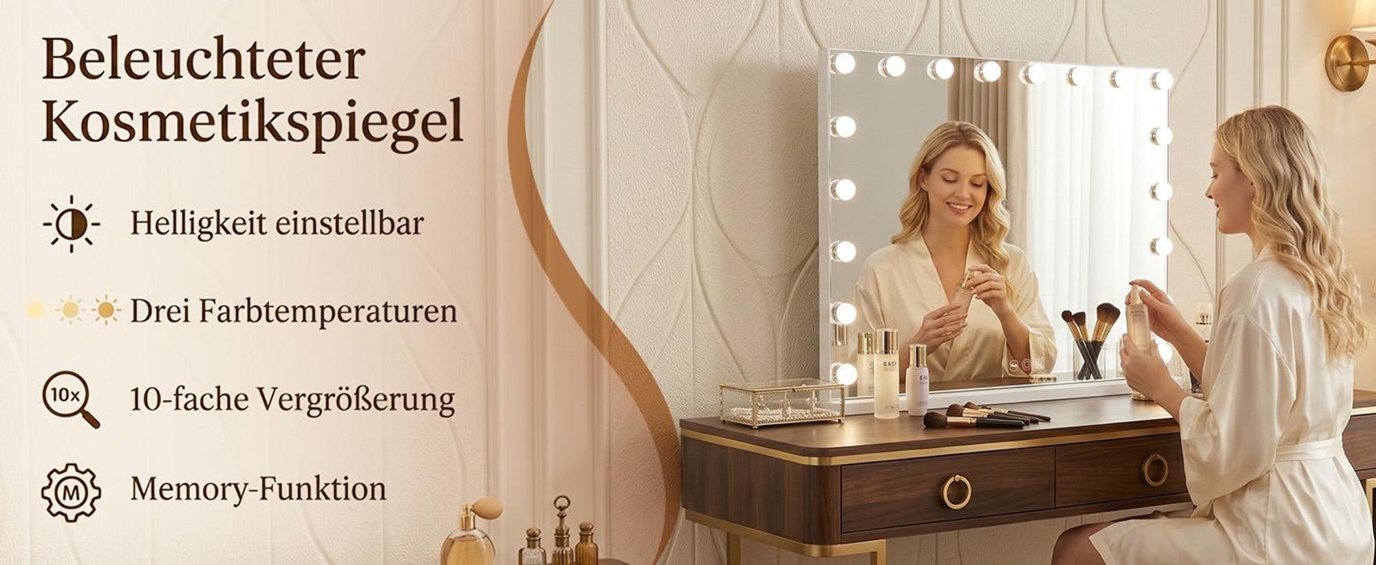 VANITII Hollywood Schminkspiegel 80cm x 58cm mit Beleuchtung 18 Dimmer Leuchten 3 Lichtmodus Kosmetikspiegel für Badzimmer Schminktisch Weiß