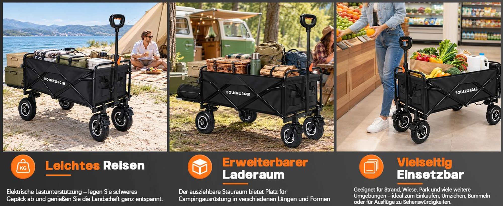 Elektrokarre mit Luftrad Faltbar Handwagen mit 2×2,0AH für Makita Akku, 240L/120KG/116×58×55cm/Griff 68-100cm Campingwagen Gartenwagen Strandwagen