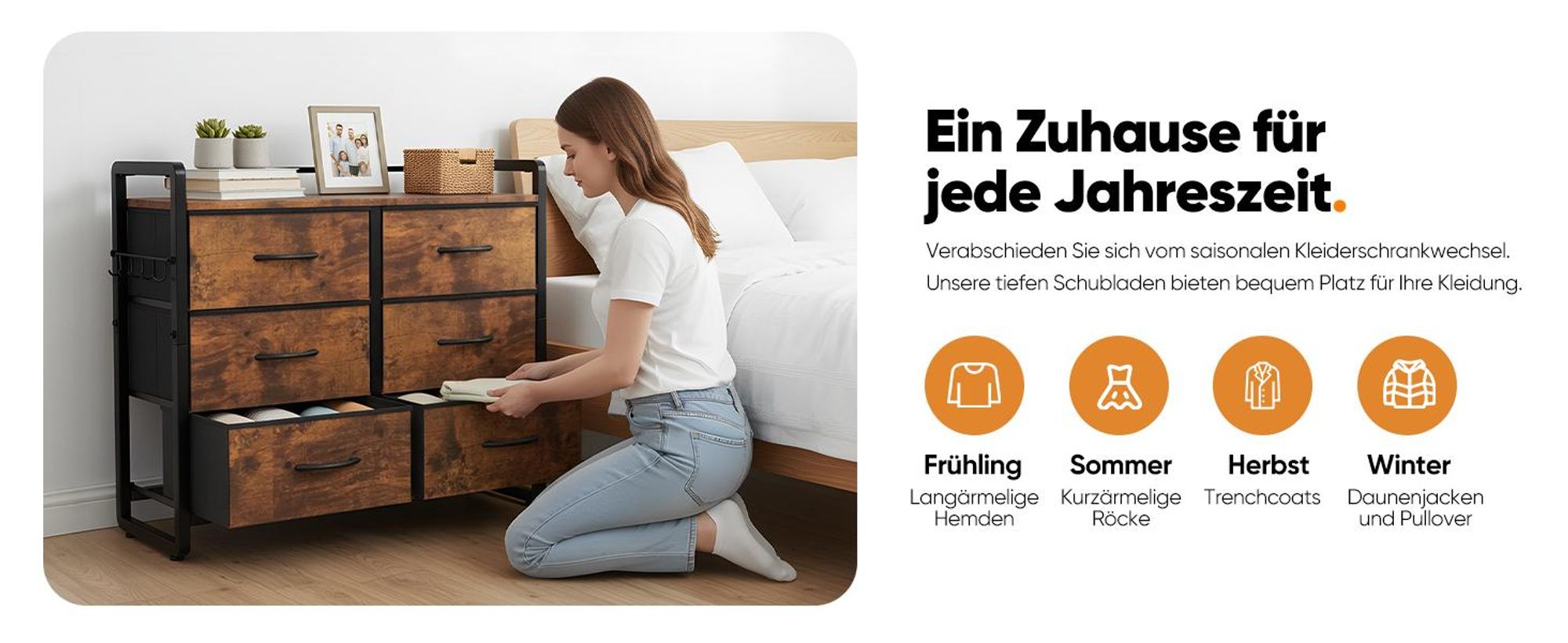 HOKEEPER Kommode, Kommoden mit 6 Schubladen aus Stoff, Schrank für Schlafzimmer,Sideboard Wohnzimmer, Chest of Drawers mit Stabiler Stahlrahmen