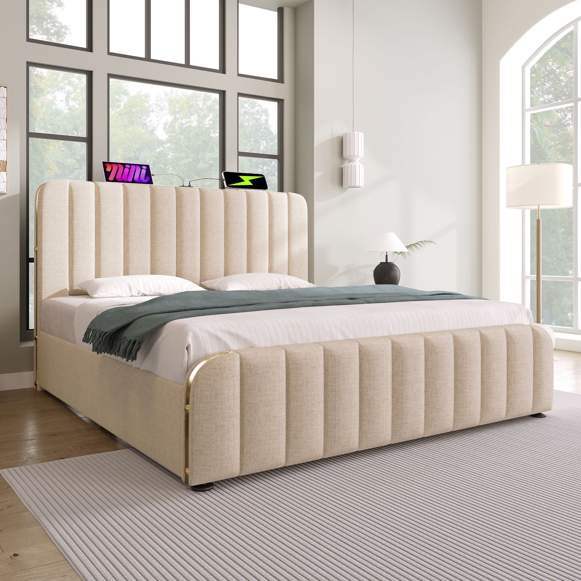Flieks Polsterbett 180x200cm mit Ladefunktion (USB, Typ-C), Doppelbett Stauraumbett mit 4 Schubladen, Jugendbett Funktionsbett, Leinen, Beige