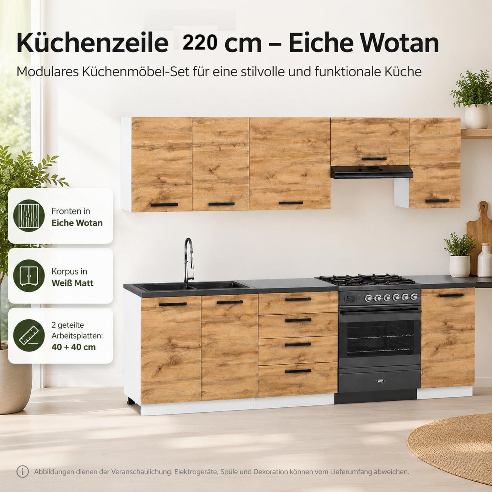 ULWEHOME Küchenzeile 220 cm in Eiche Wotan mit Schränken und zwei 40 cm Arbeitsplatten.
