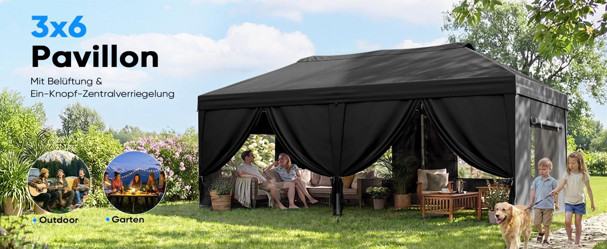 Quictent Pavillon 3x6m Faltpavillon EIN-Tasten-Zentralverriegelung,Wasserdicht UV-beständig, Gartenpavillon faltbar mit 6 Seitenwänden, Schwarz