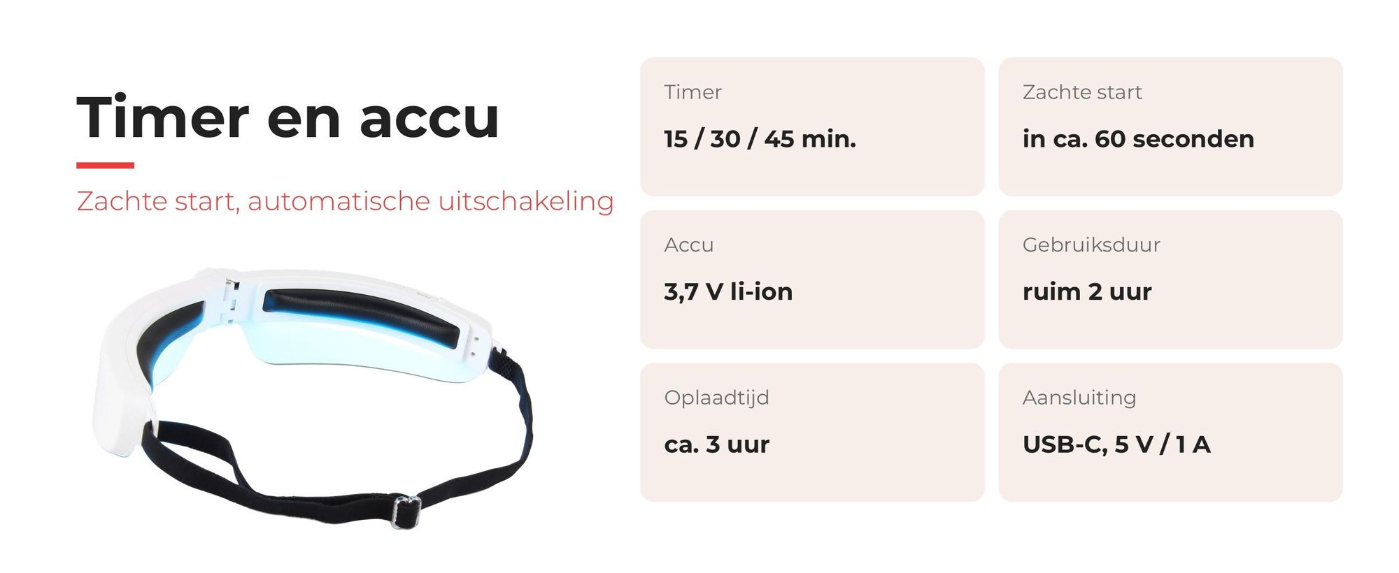 Timer van 15, 30 of 45 minuten en accu met ruim 2 uur gebruiksduur