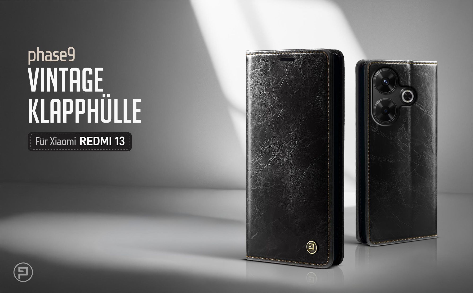 Schwarze Klapphülle für Xiaomi Redmi 13 im klassischen Vintage Look