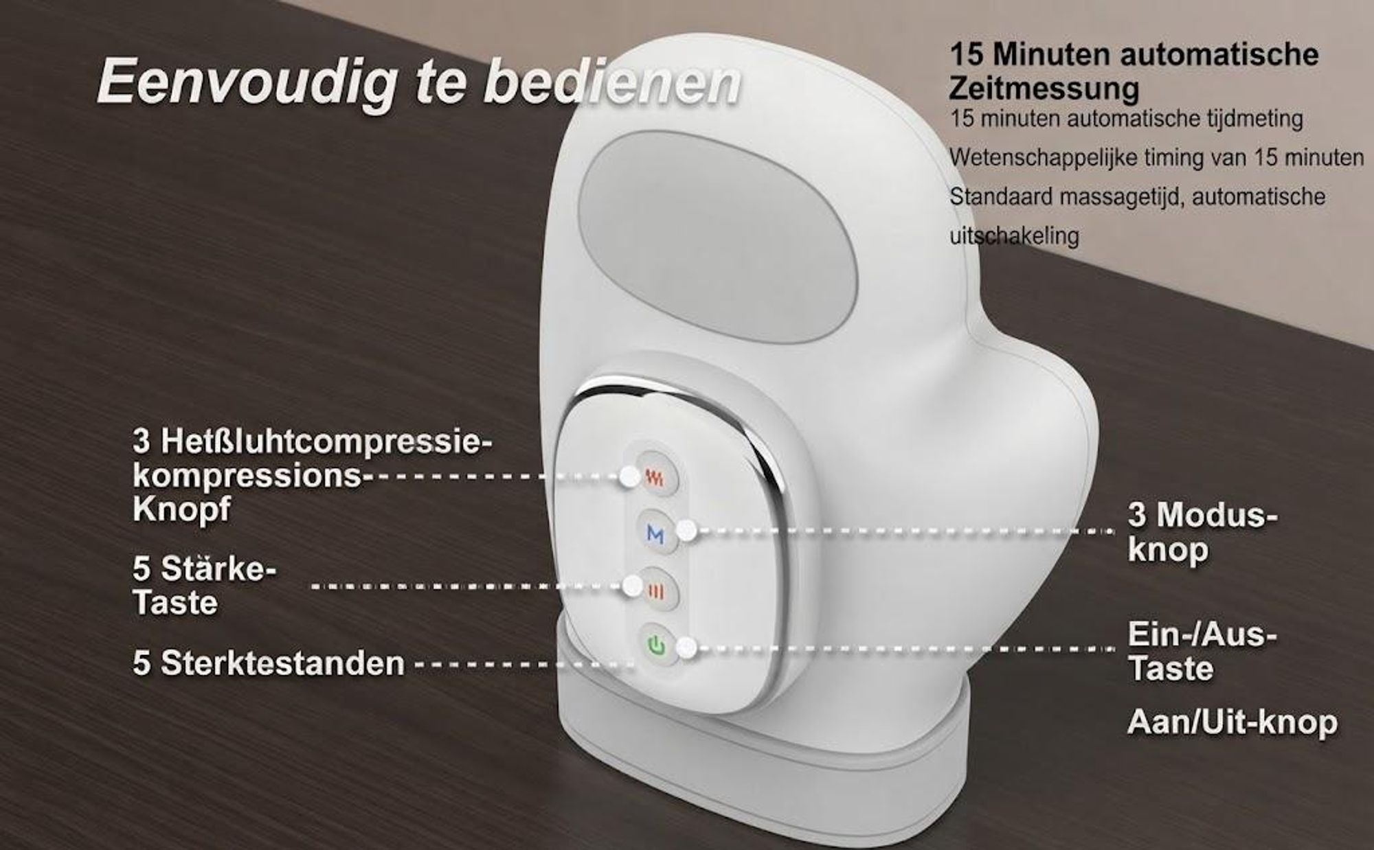 Intelligente handmassageapparaat met warmte- en compressiefunctie. 3 massageprogramma's, 4 temperatuurinstellingen, 5 compressiemodi. Therapeutisch