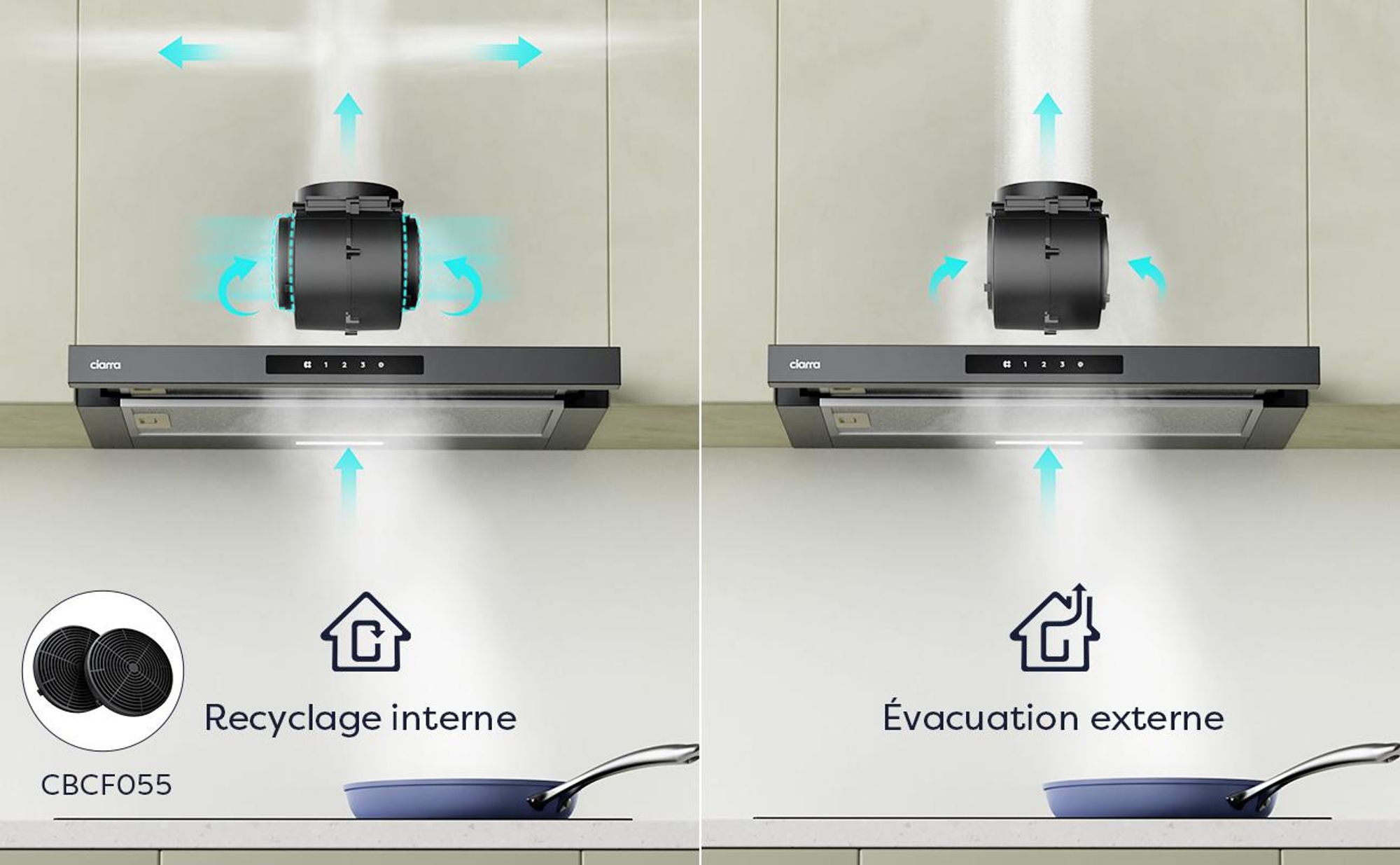 CIARRA, hotte aspirante plate de 60 cm, débit de 606 m³/h, hotte aspirante encastrable extensible, ventilation par aspiration et par recyclage de l'air, modèle VM6909AB