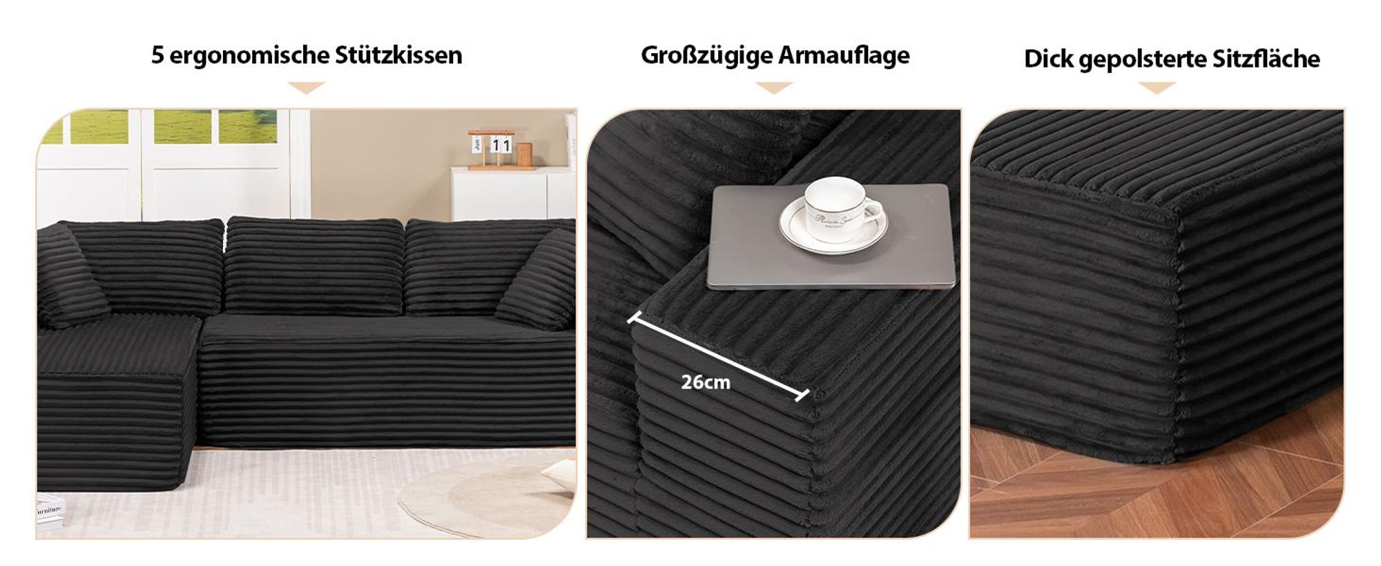 COMHOMASofa Big-Sofa, L-förmige Sofa, Couch Ecksofa, Chaiselongue Schlafsofa mit tiefer Sitzfläche und breiten Armlehnen, Cordstoff, schwarz-R