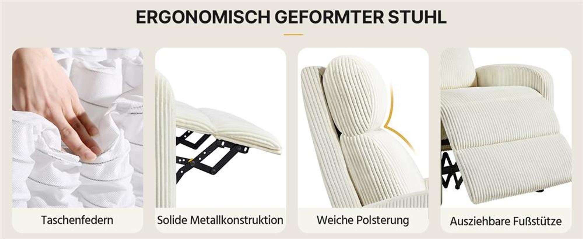 Yaheetech Fernsehsessel Relaxsessel aus Cordstoff mit Verstellbarer Beinablage, Beige