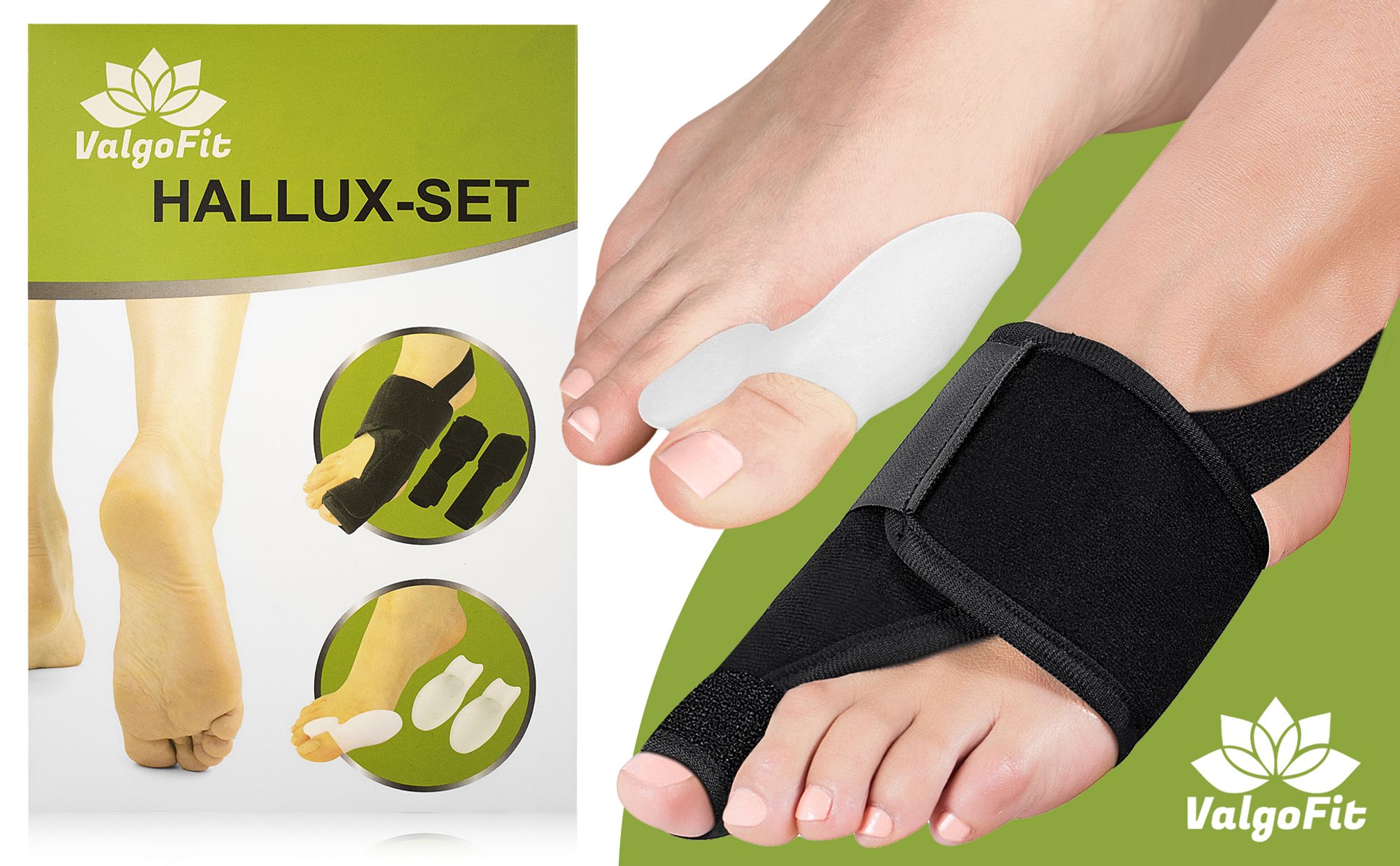 Valgofit® Hallux Valgus Korrektur Schiene für den Fuß inkl. 2x Zehenspreizer aus Silikon - für Tag und Nacht - Universalgröße - BPA frei - Nachtschien