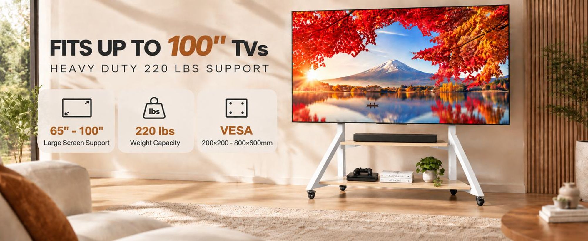 WISFOR TV Ständer Höhenverstellbar, TV Standfuss mit Rollen, Universal Fernsehstand mit AV-Ablagen für 40"–75", VESA 600x400mm, bis Max 80kg, weiß