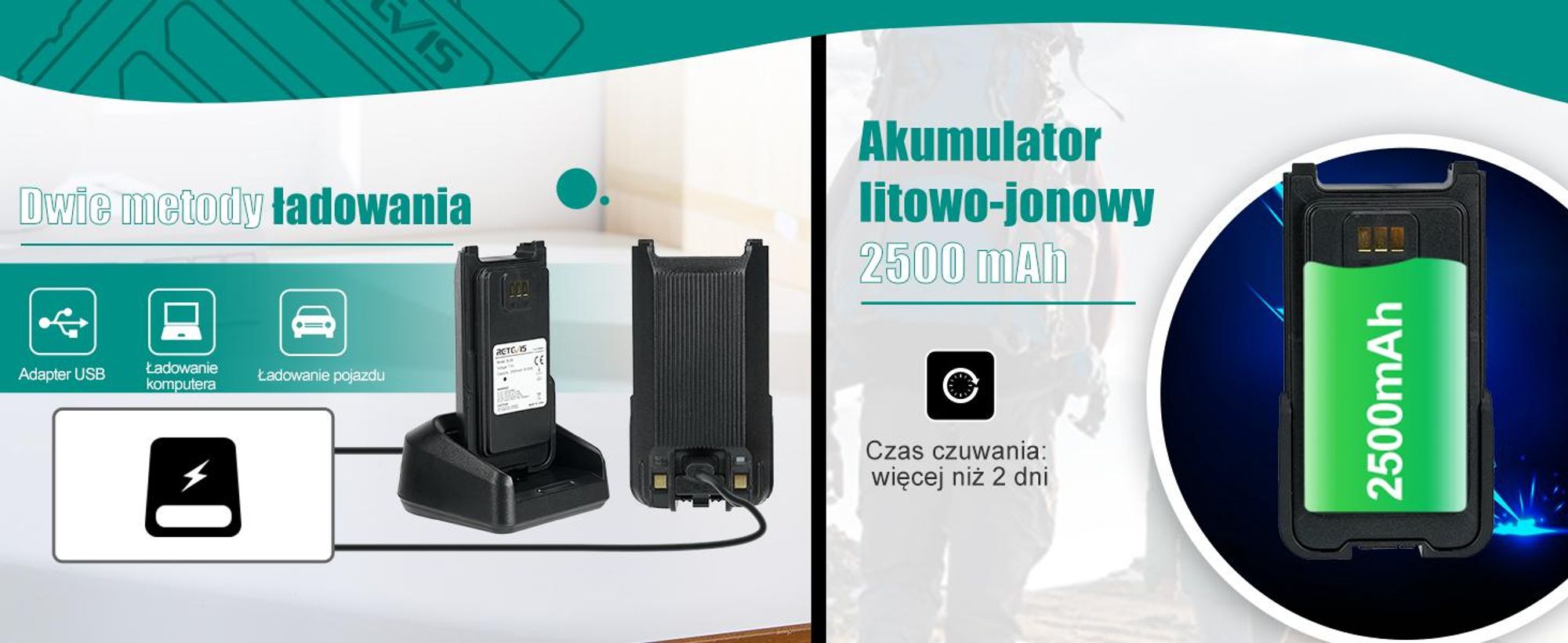 Radiotelefon amatorski Retevis RA89, duża moc, wodoodporność IP68, dwuzakresowy, VFO, akumulator 2500 mAh, ładowalne walkie-talkie typu C (2 szt., czarny)