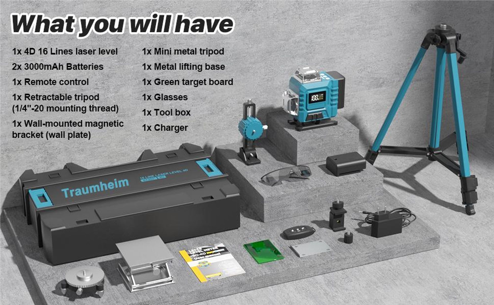 Kreuzlinienlaser profi 4D 16 Lines Laser Level 360º Rotary, LED-Anzeige, Automatische Kreuzlinienlaser mit 2x3,0Ah Batterie, IP54 Staub & Wasserschutz