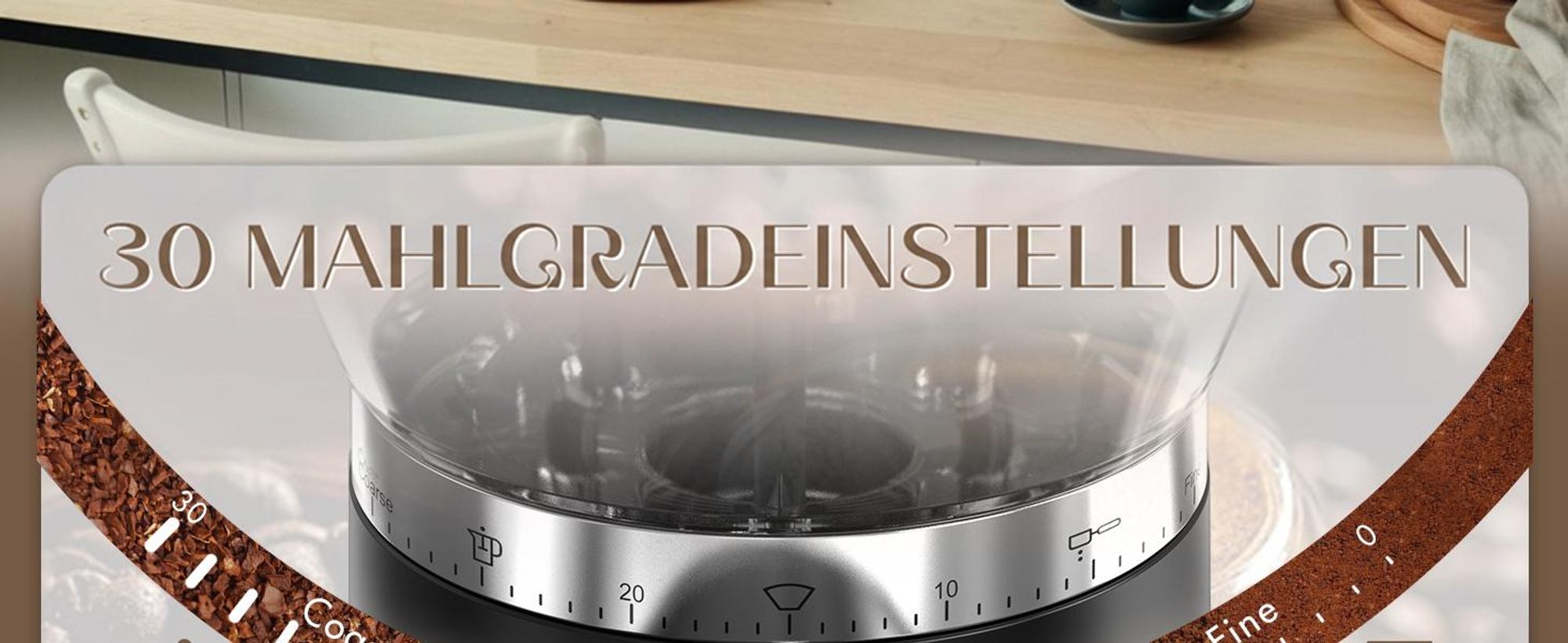 CHEFFANO Elektrische Kaffeemühle mit Kegelmahlwerk & 30 Mahlstufen, Touchscreen für bis zu 12 Tassen - Für Espresso, Filterkaffee, French Press