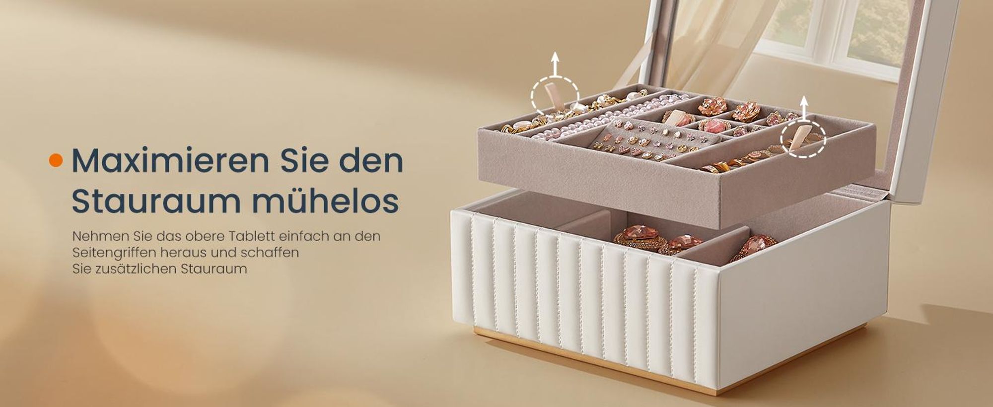 SONGMICS HOME ANAH Kollektion - Schmuckkästchen 2 Ebenen, mit Spiegel, flexibles Schmucktablett
