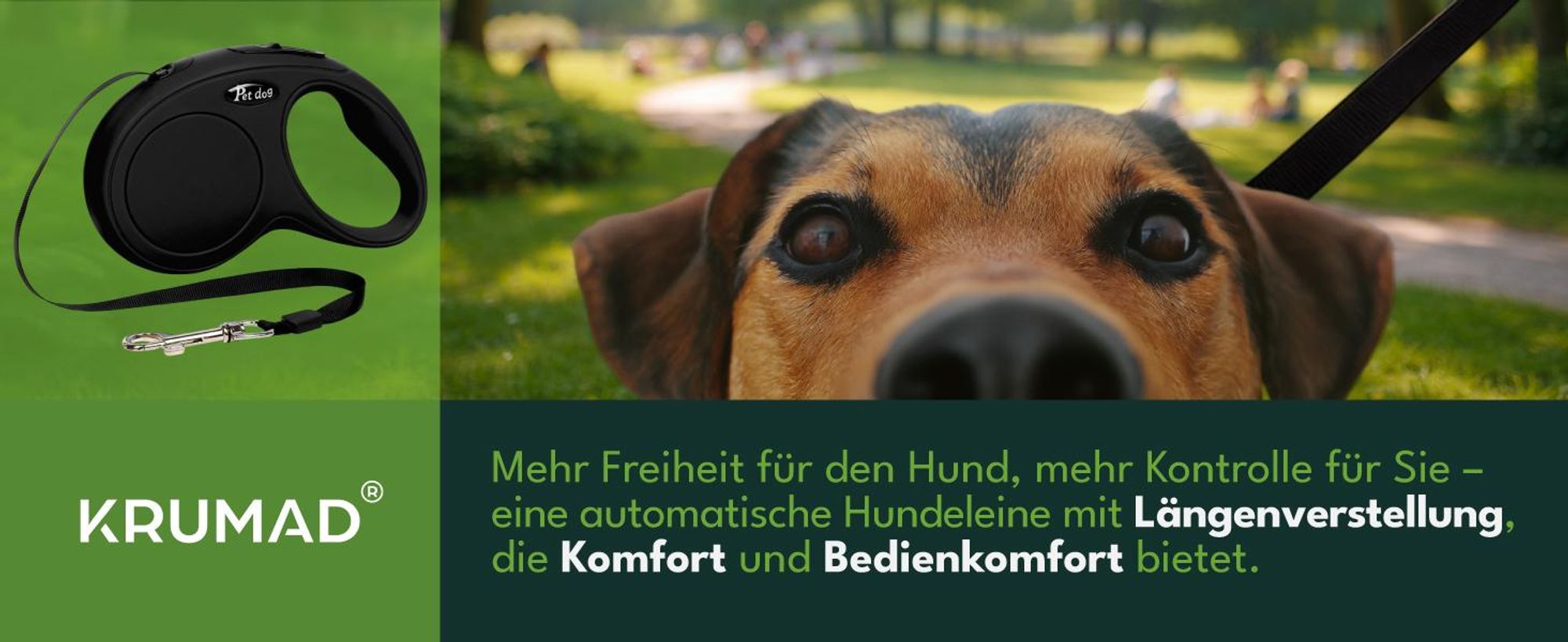 KRUMAD Automatische Hundeleine 3 m, Rollleine mit Bremssystem, leichte Flexileine aus Nylon für kleine und mittelgroße Hunde, Schwarz