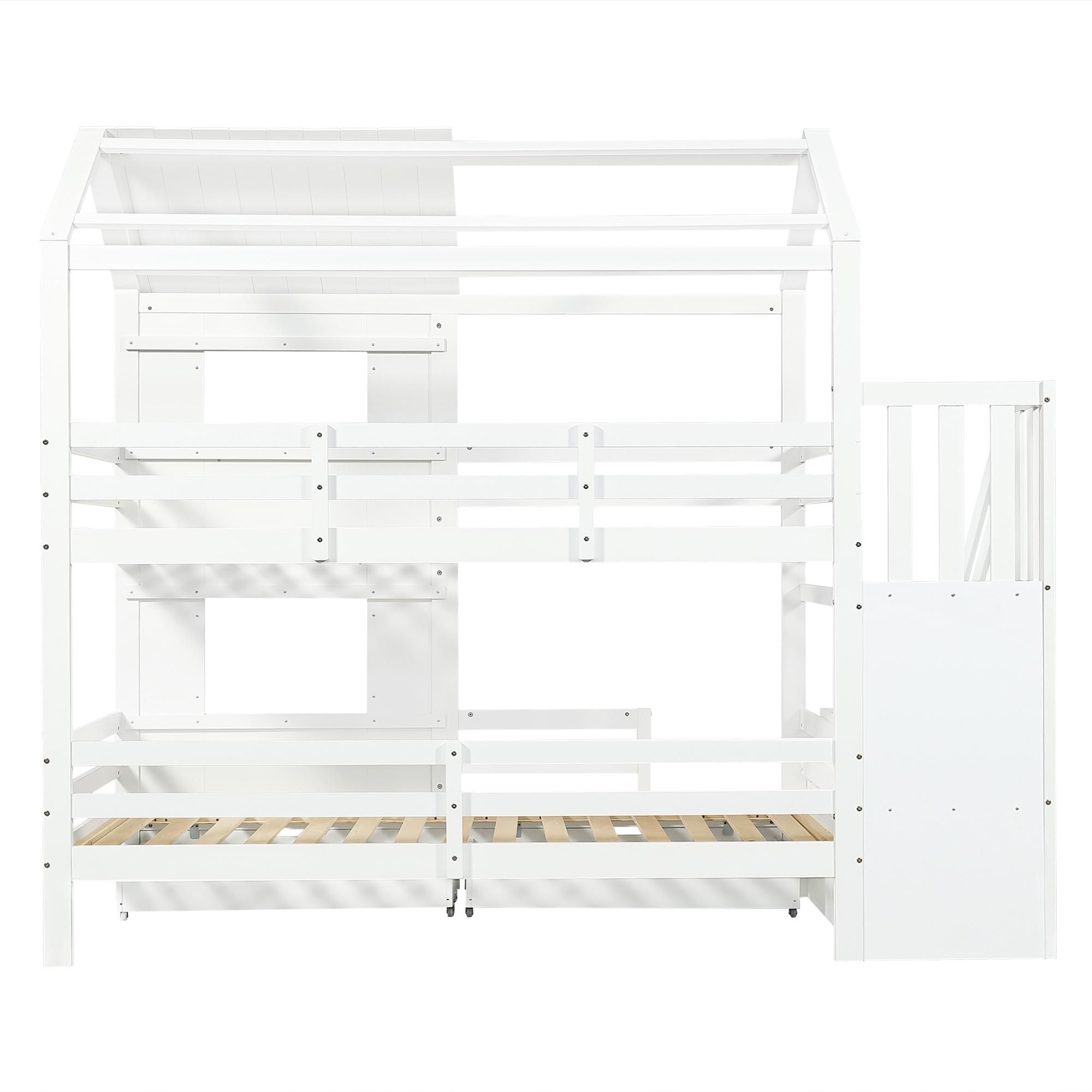Flieks Etagenbett 90x200cm mit 2 Schubladen, Kinderbett Hausbett mit Fenster und Rausfallschutz, Hochbett Einzelbett 2 Kinder, Weiß