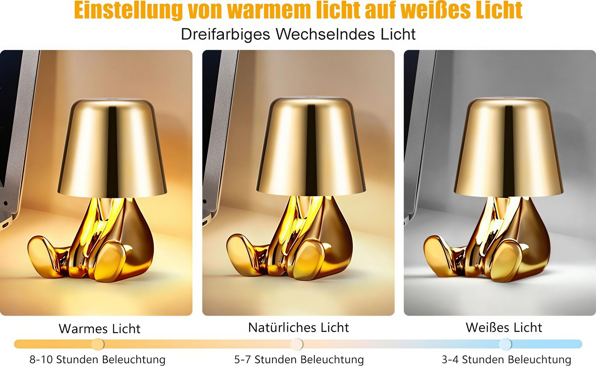 Thinker-Statue LED Nachttischlampe mit Touch-Steuerung,USB-Aufladung,3 Helligkeitsstufen,Kabellose Dimmbare Tischlampe,Dekorative Nachtlicht,(Gold A)