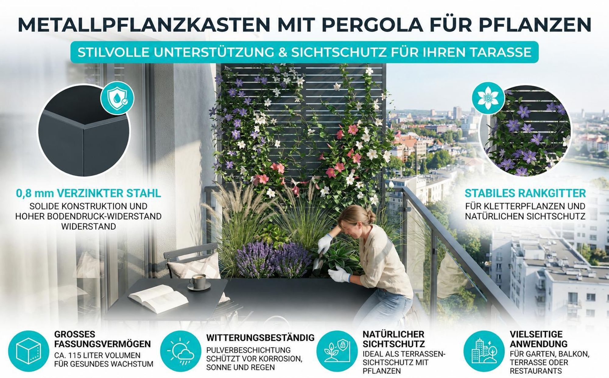 Blumenkasten mit Rankgitter, Hochbeet mit Sichtschutz, Spalier mit Pflanzkästen und Drainagelöchern Gartenspalier aus Metall groß anthrazitfarben