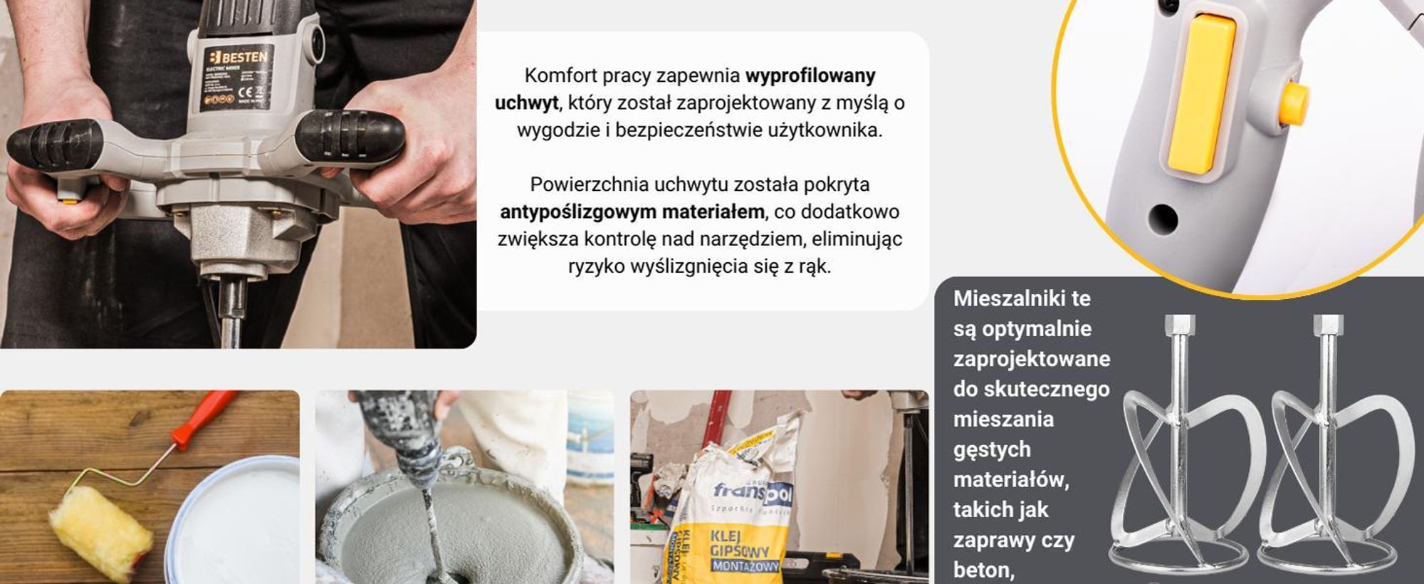 Mieszadło Elektryczne Do Kleju, Betonu, Zapraw 1400W + 2 Mieszadła BESTEN BE0002854