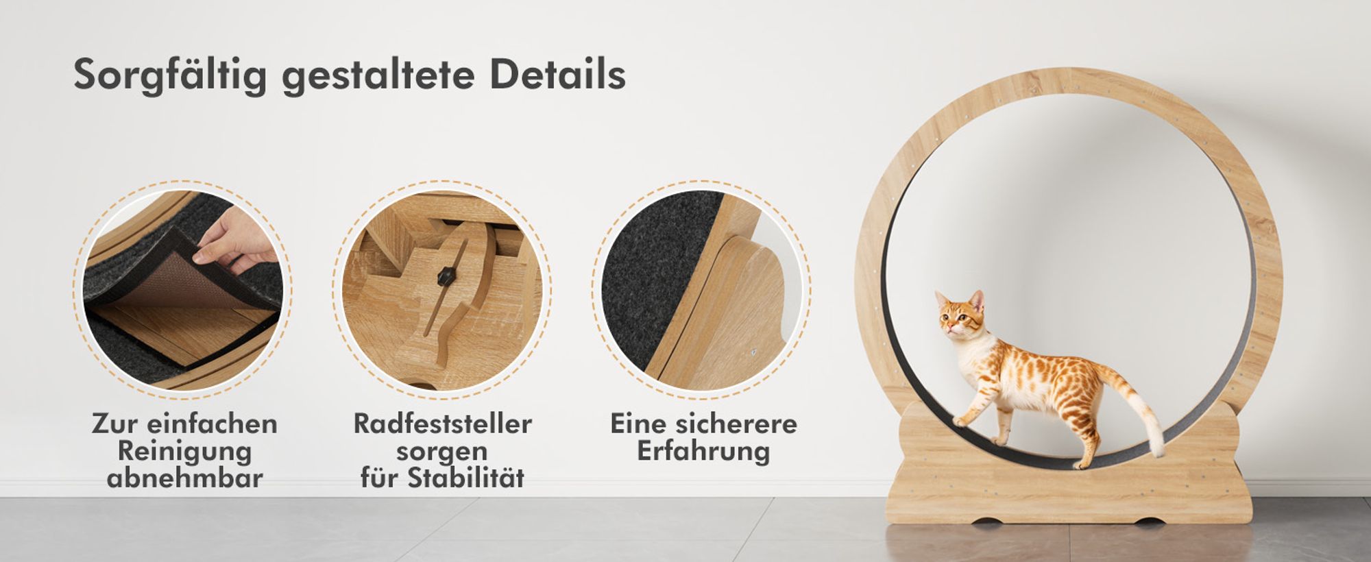 Mondeer Tier-Intelligenzspielzeug Laufband für Katzen,Innendurchmesser 100cm,Sicherheitsschloss-Design, Leises Scrollrad,110 x 117 x 36CM Naturholz
