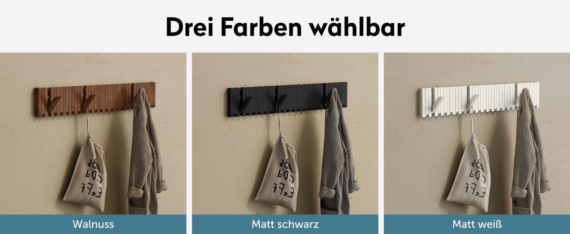 doporro Garderobenhaken Kleiderhaken Wand mit 7 Haken für Jacken, Garderobenleiste für Flur und Garderobe Wandgarderobe aus Holz, Matt Schwarz Twigro-01