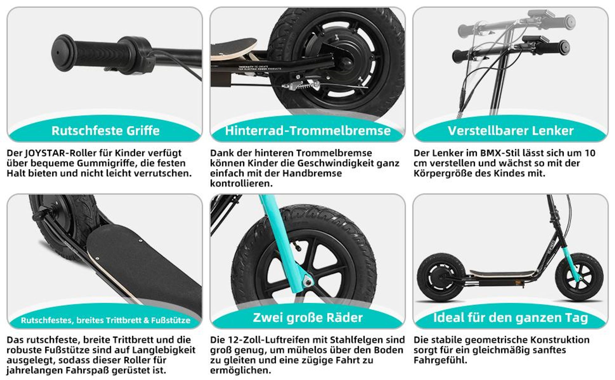Faltbarer E-Scooter für Kinder ab 5 Jahren, 12 Zoll Luftreifen, höhenverstellbarer Lenker