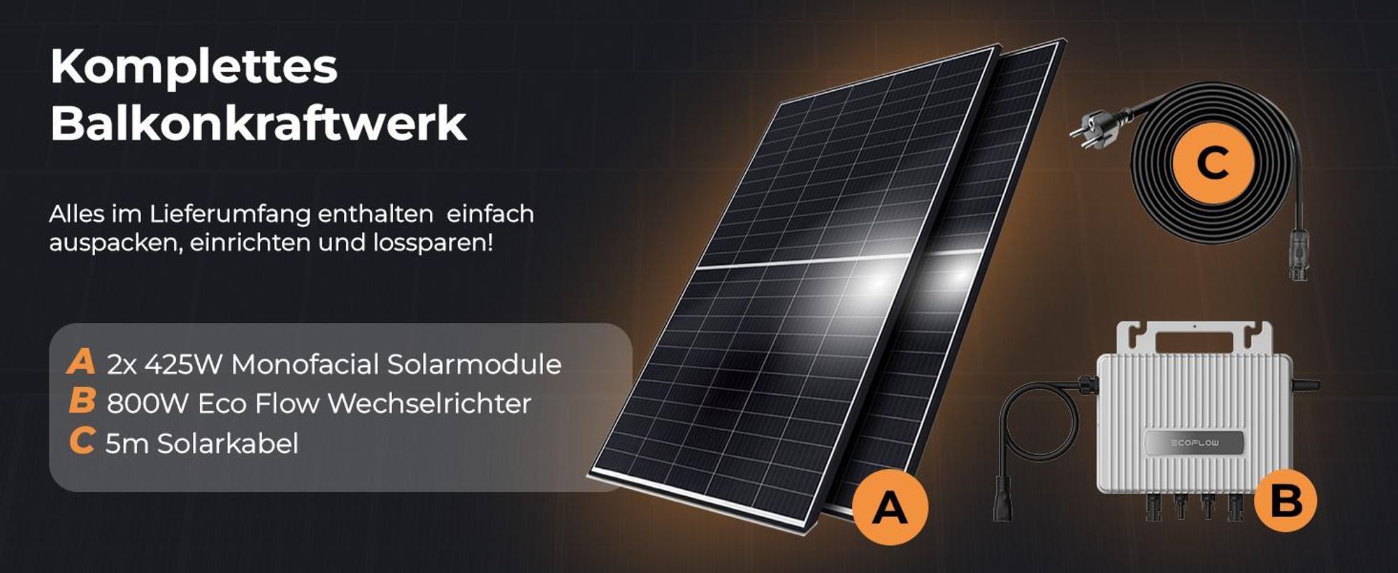 SUNNIVA® 850W Balkonkraftwerk komplett Steckdose - ECOFLOW 800W Micro Wechselrichter, PV Solaranlage, 2x425W Solarmodule, 5m Kabel, WIFI, Bluetooth