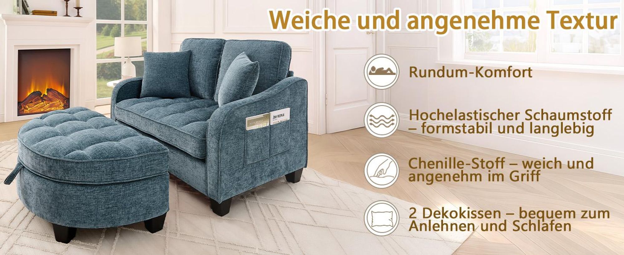 MODFU Multifunktionales Sofa Schlafsofa mit Aufbewahrungs-Hocker,Relaxsofa mit rutschfeste Kunststoffbeine,Blau