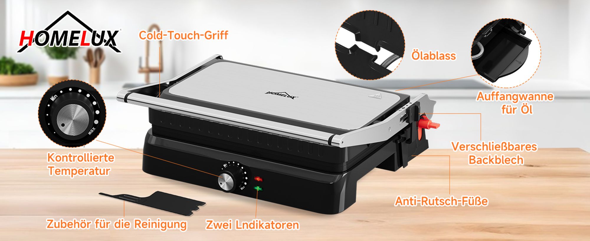 HOMELUX Kontaktgrill Tischgrill 2200W, Sandwichmaker, Panini Grill Multifunktion mit Auffangschale Antihaftbeschichtung Platten 34x23cm, Schwarz