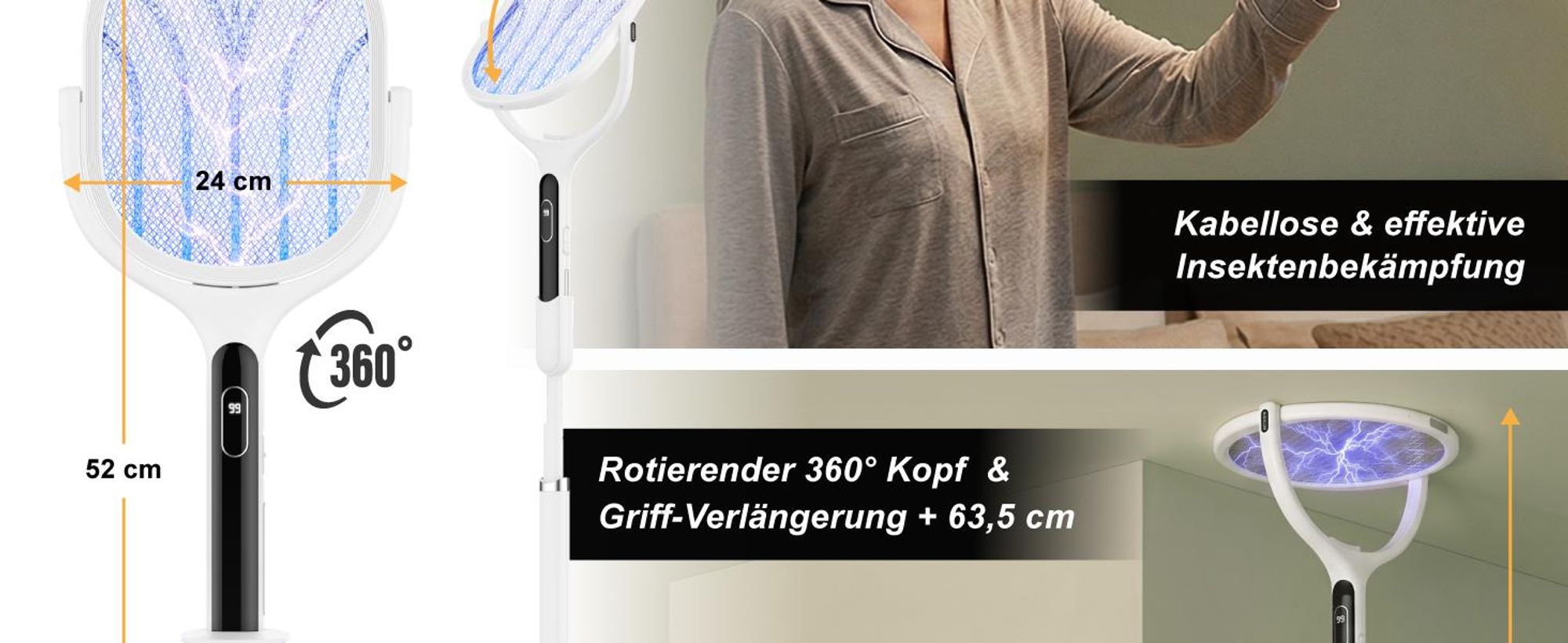 Brandson Fliegenklatsche elektrisch, Akku, USB-C, Insektenklatsche mit UV-Falle, Insektenvernichter, 2700 V Hochspannung, AUTO-Modus, Akku-Display, rotierendes Kopfdesign