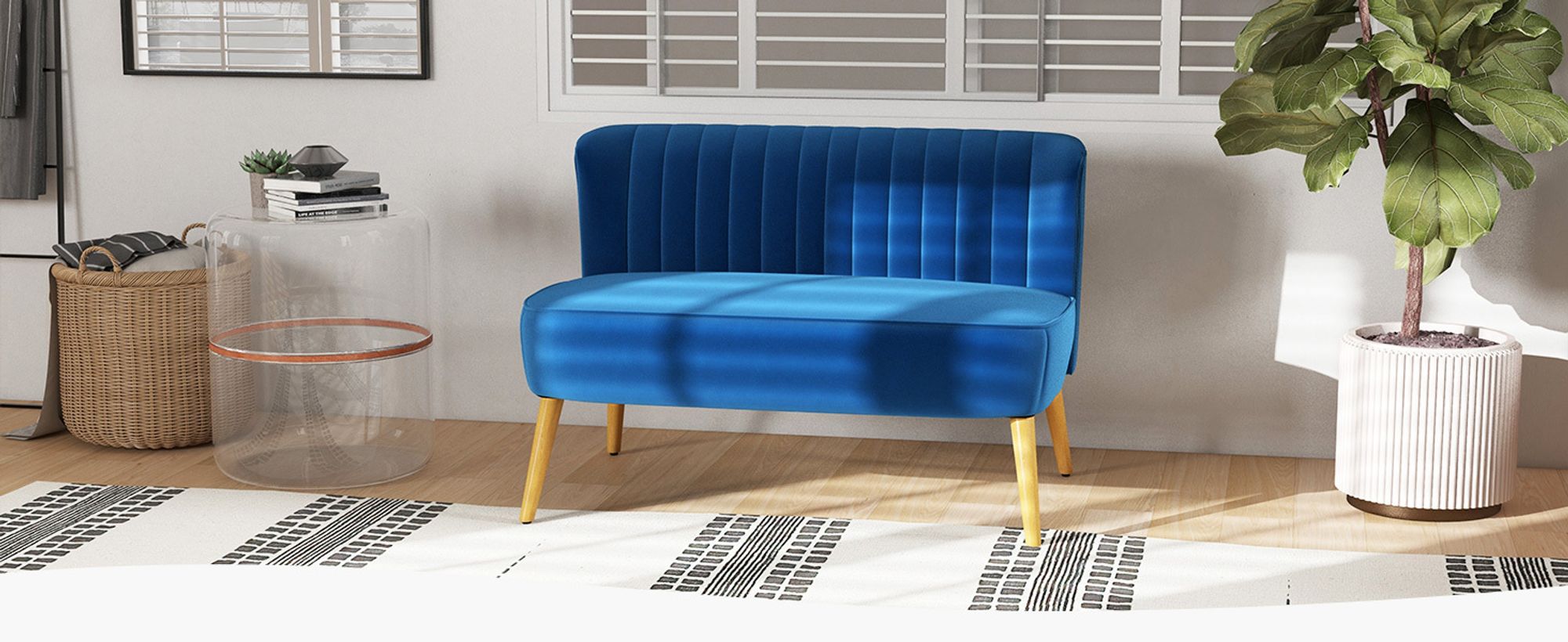 HOMCOM 2-Sitzer Sofa Zweisitzer, Loveseat mit Leinenoptik, Holzbeine, Blau