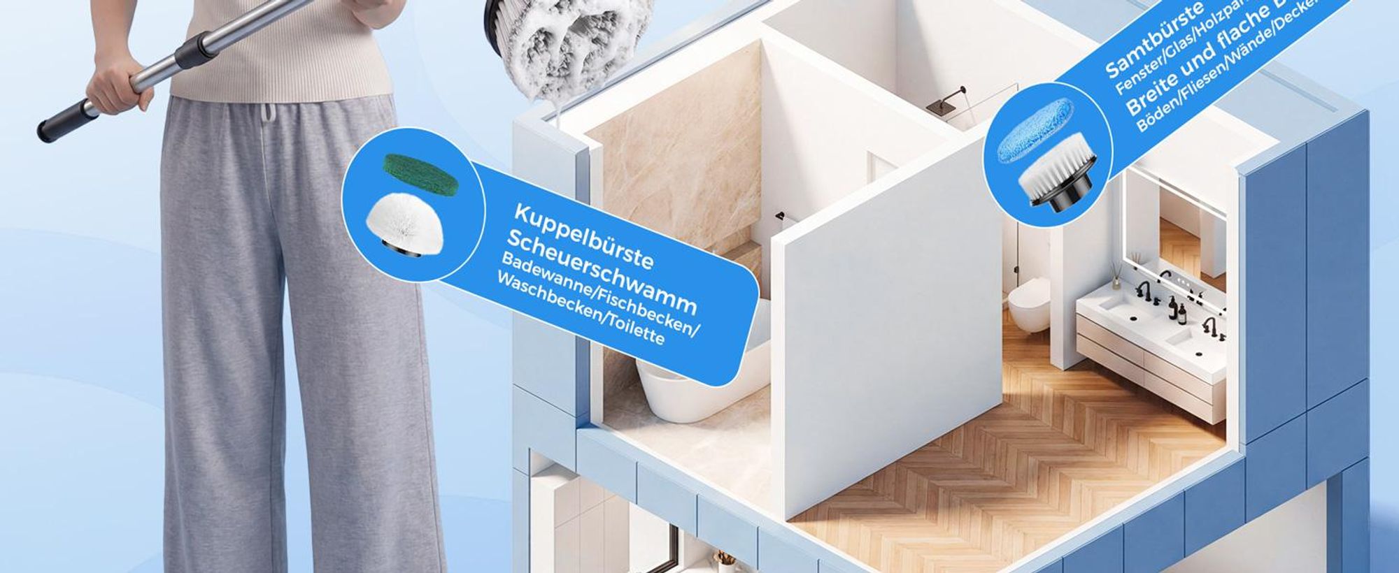 Elektrische Reinigungsbürste, Kabellos Akkureinigungsbürste, mit 9 Austauschbaren Bürstenköpfen, 2 Geschwindigkeiten, für Bad, Fliesen, Auto, Küche