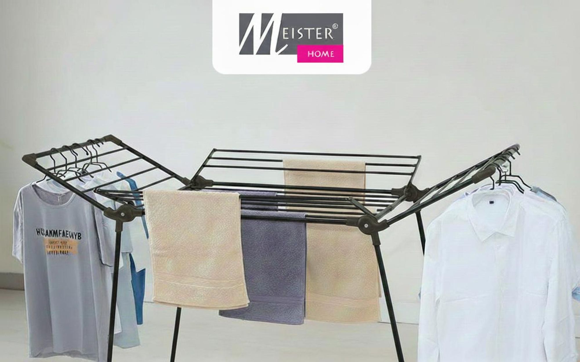 Meisterhome® Extra großer und Stabiler Wäscheständer - Schwarz - Standtrockner mit Flügeln für Lange Kleidungsstücke, standfester Flügelwäschetrockner - für drinnen und draußen - 25m Trockenleinenlänge