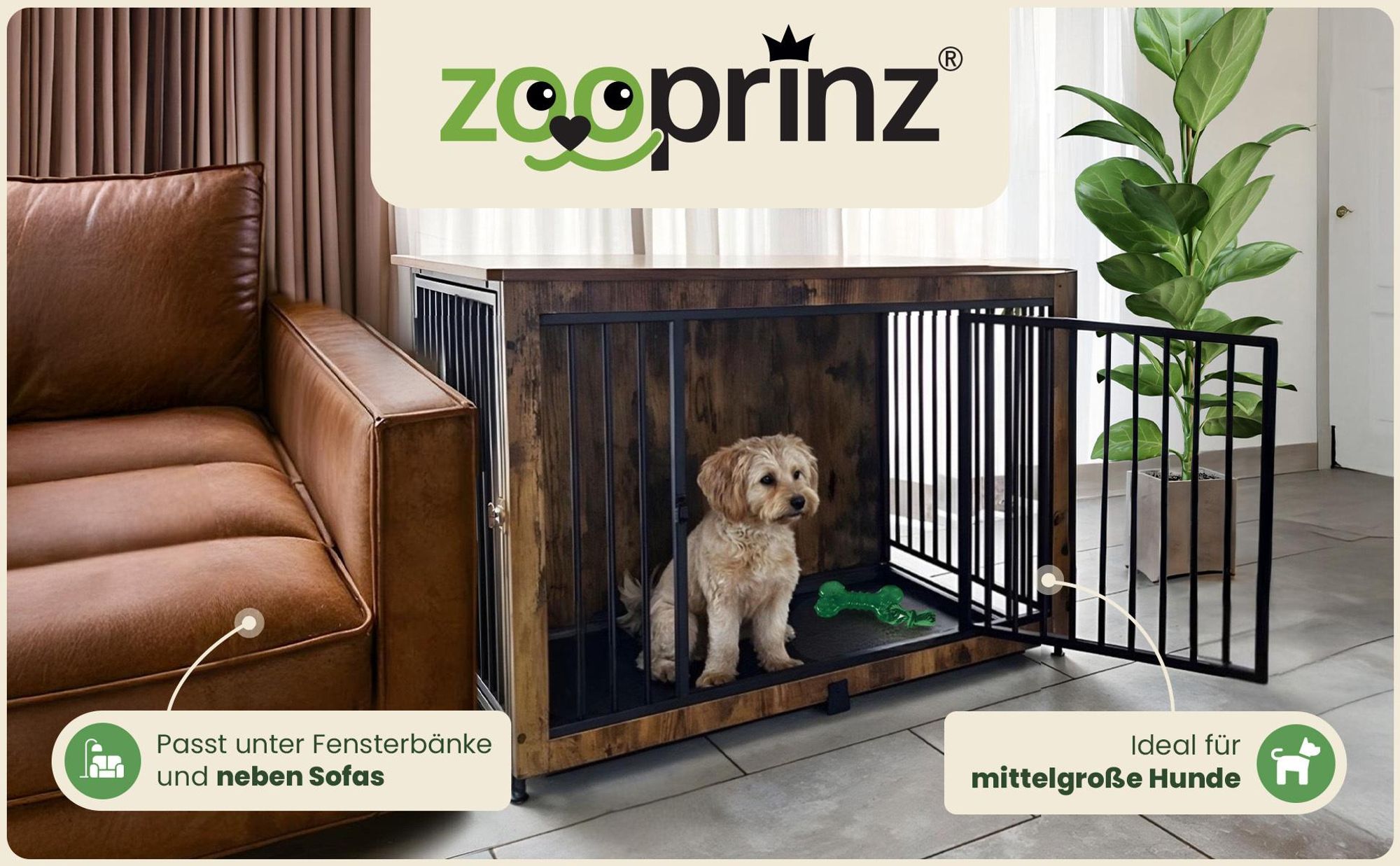 Hundebox Transportbox Design zooprinz Max | Kunststoffboden ausziehbar | Höhenverstellbar | Gitter | 98 x 70 x 65 cm