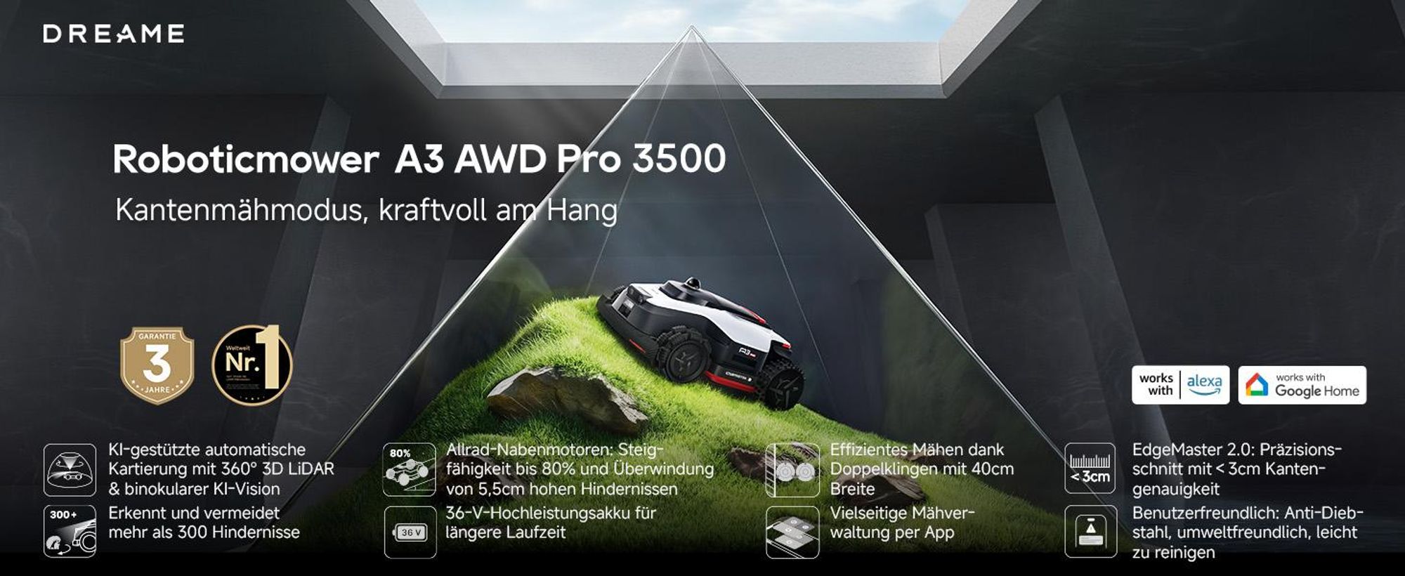 DREAME A3 AWD Pro-3500 Mähroboter,OmniSense 3.0,360° 3D LiDAR,KI binokulare Sicht＆automatische Kartierung, Allradantrieb mit Nabenmotoren,3500㎡,38,7°
