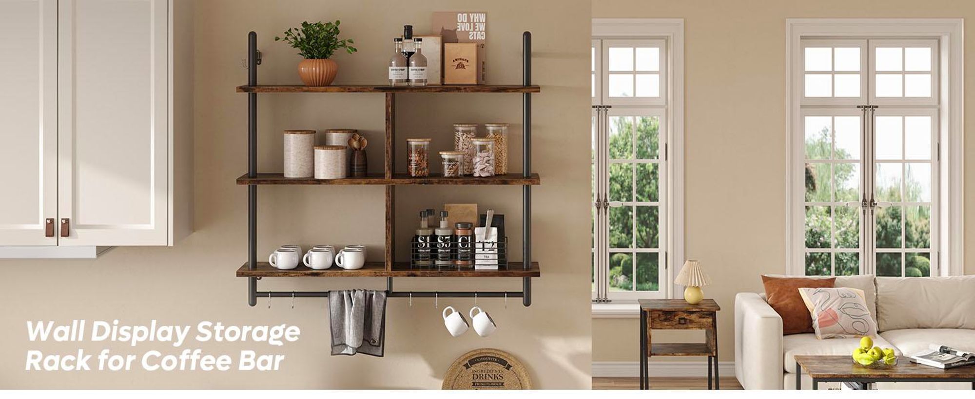 Bestier105,5cm Industrie-Regal Wandmontiertes 3-stufiges Leiterregal mit Rundrohr, wand wandregal, küchen regal, Bücher & Stauraum in Wohnzimmer