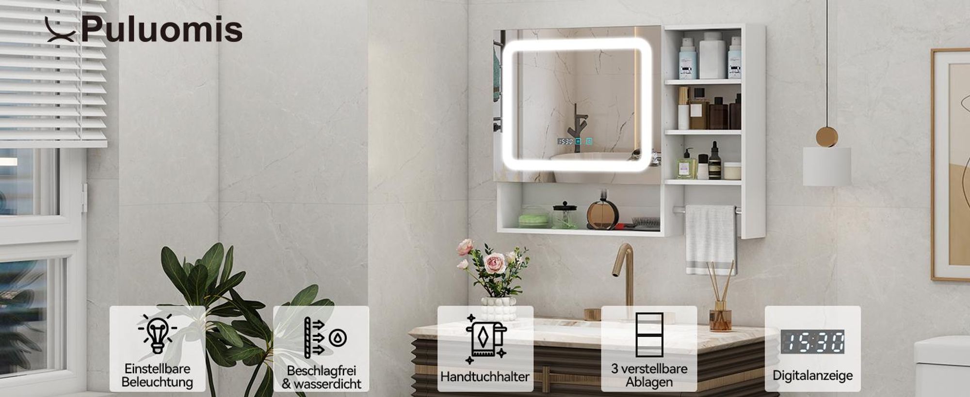 Puluomis Spiegelschrank Bad 80cm mit 3 färbiger dimmbarer Beleuchtung, Digitaler Uhr, Handtuchhalter, Antibeschlag Badezimmerschrank Wandschrank weiß