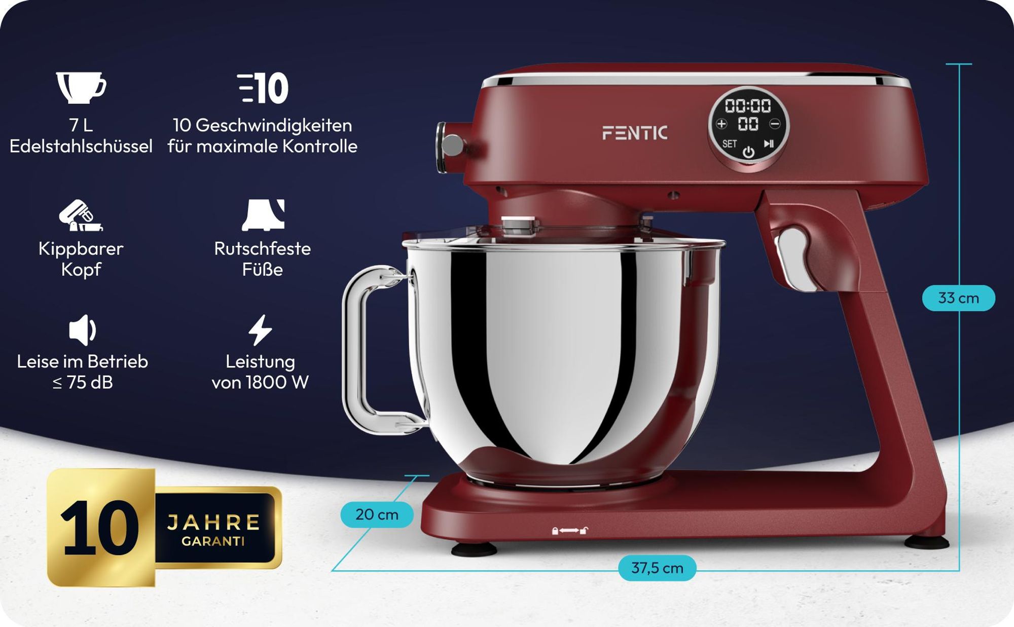 Fentic Küchenmaschine 1800W, 7L Edelstahl-Rührschüssel, Knetmaschine für Brotteig & Pizzateig, Planetenrührwerk, 10 Stufen Timer & Spritzschutz