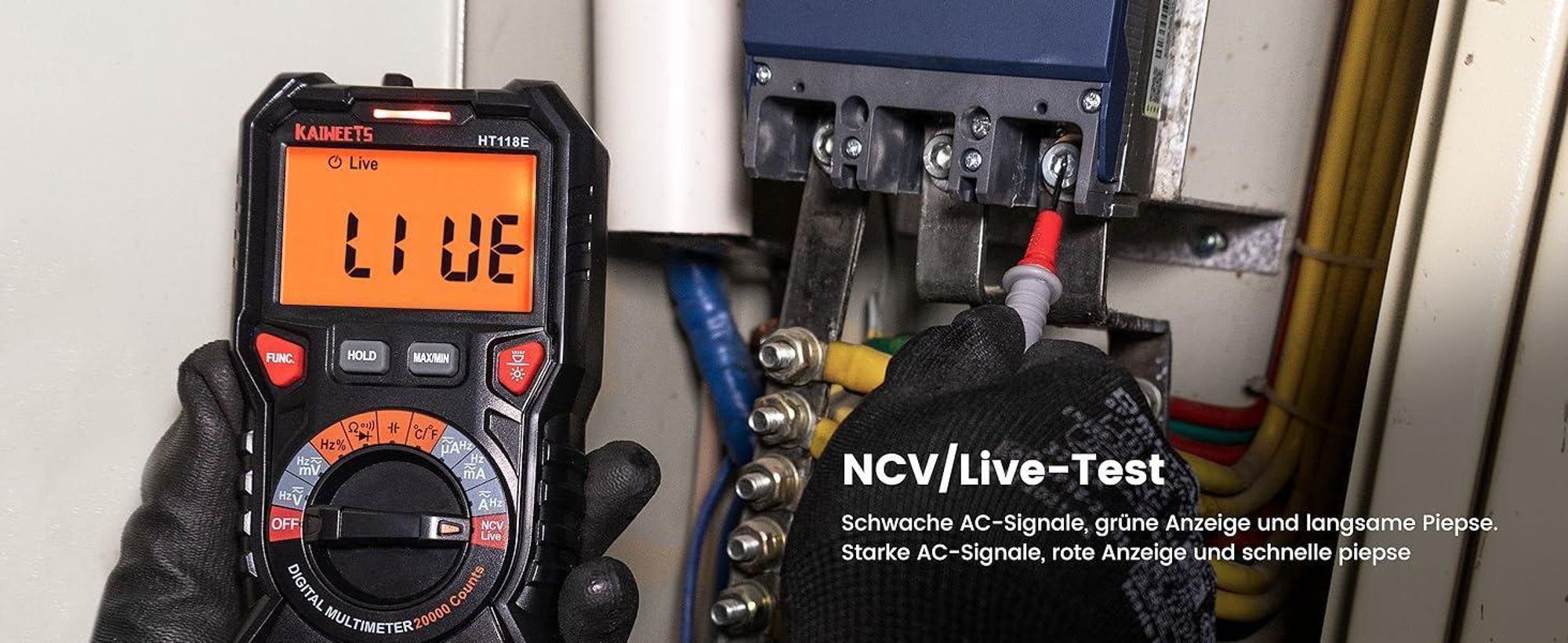 Digital Multimeter mit LED-Buchsen, KAIWEETS HT118E Strommessgerät, True RMS Auto-Range 20000 Zähler, misst Spannung,Kapazität, Temperatur, Widerstand