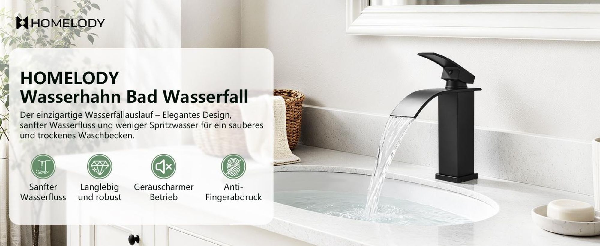 Homelody Wasserfall Waschtischarmatur, Wasserhahn Bad Einhebel Waschbeckenhahn aus SUS304 Edelstahl, Mischbatterie Badezimmer Bleifrei, Schwarz