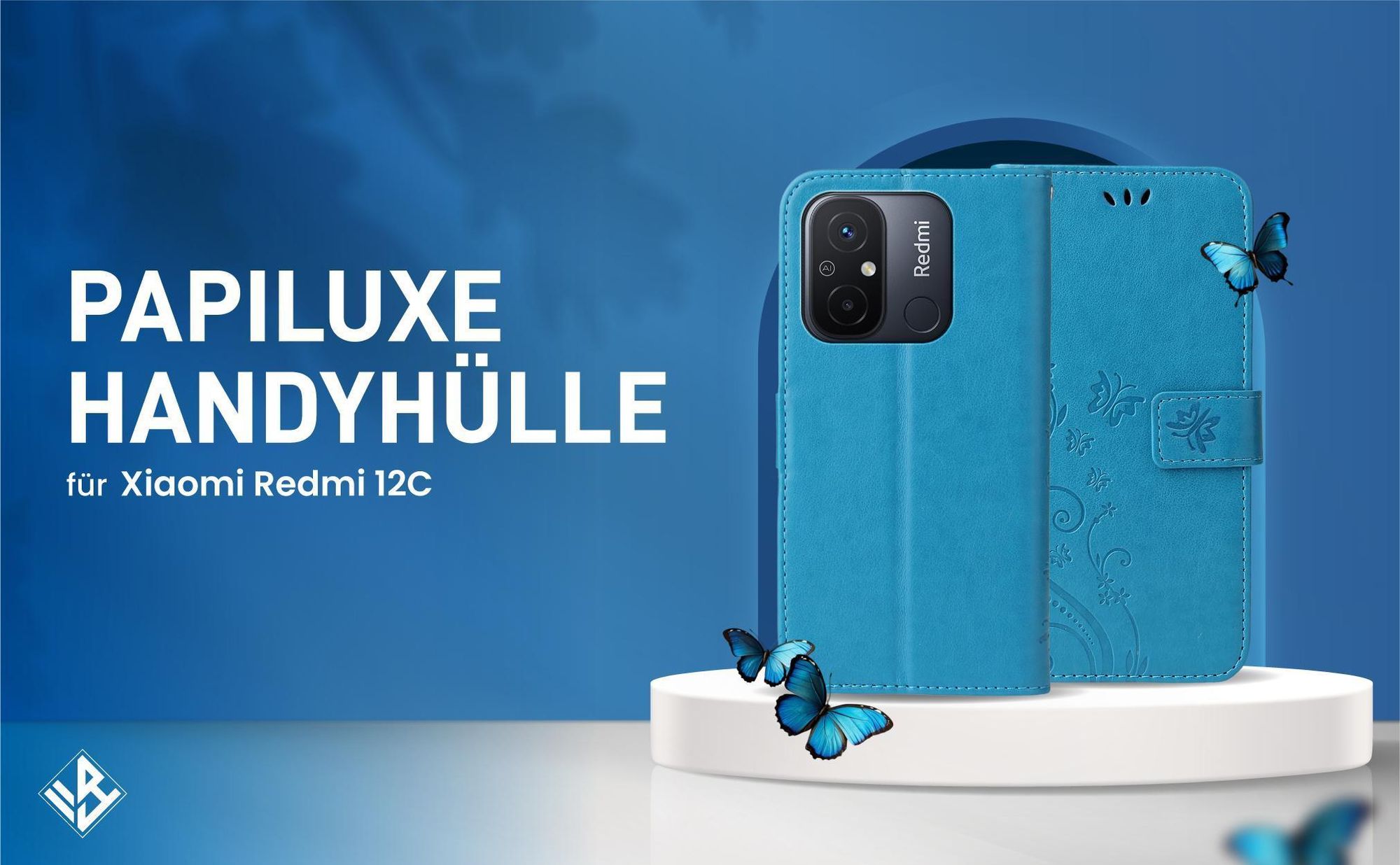 Blaue Klapphülle im Schmetterling Design für Xiaomi Redmi 12C mit Wallet-Funktion