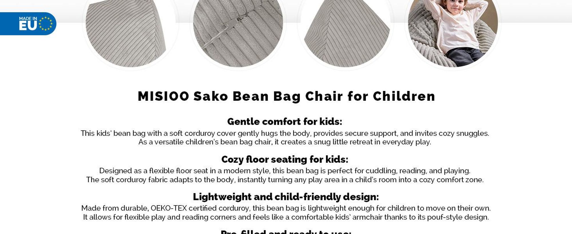 MISIOO Dětský sedací vak Premium – ergonomický – od 12 měsíců – pohodlné sedací vaky do dětského pokoje – sedací vak s lehkou polystyrenovou výplní