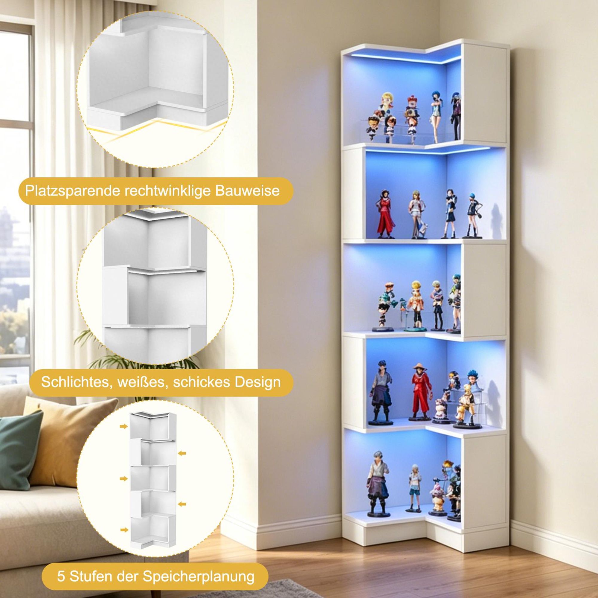 Eckregal mit LED Beleuchtung,L-Form Standregal Weiß 5 Ebenen, platzsparendes Bücherregal für Wohnzimmer, 175 cm
