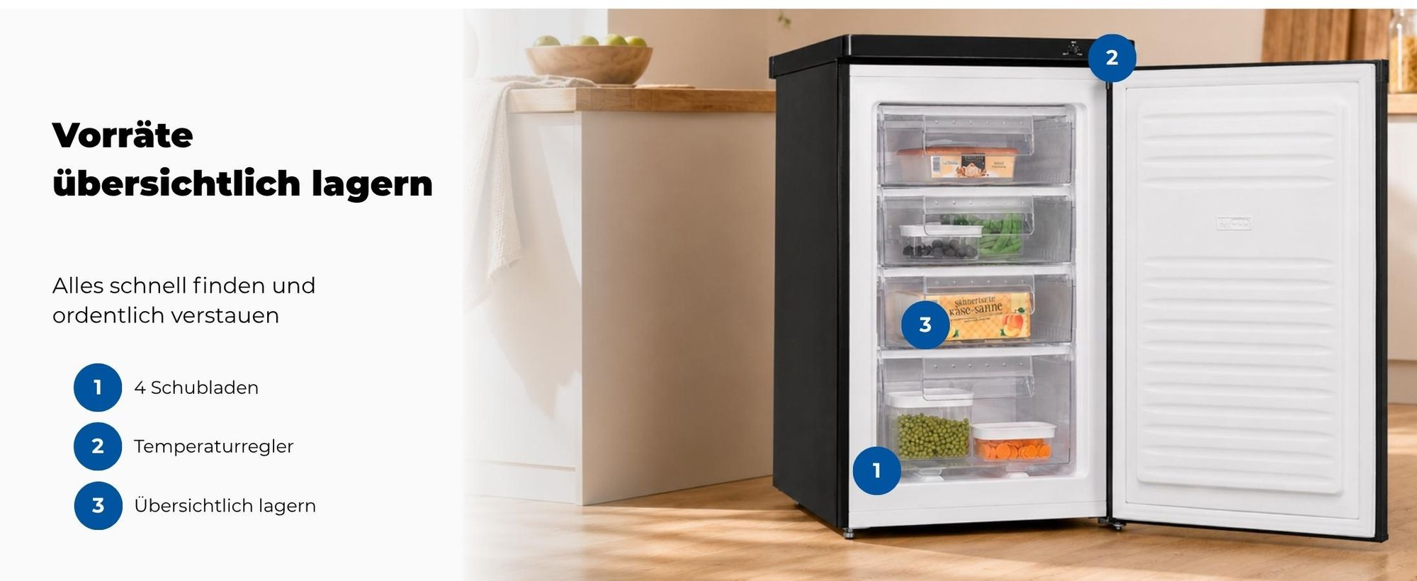 Exquisit Gefrierschrank 91 l kompakt | Energieklasse E | leise 40 dB | 85 cm Höhe | freistehend - unterbaufähig | GS512-040E schwarz | Schwarz