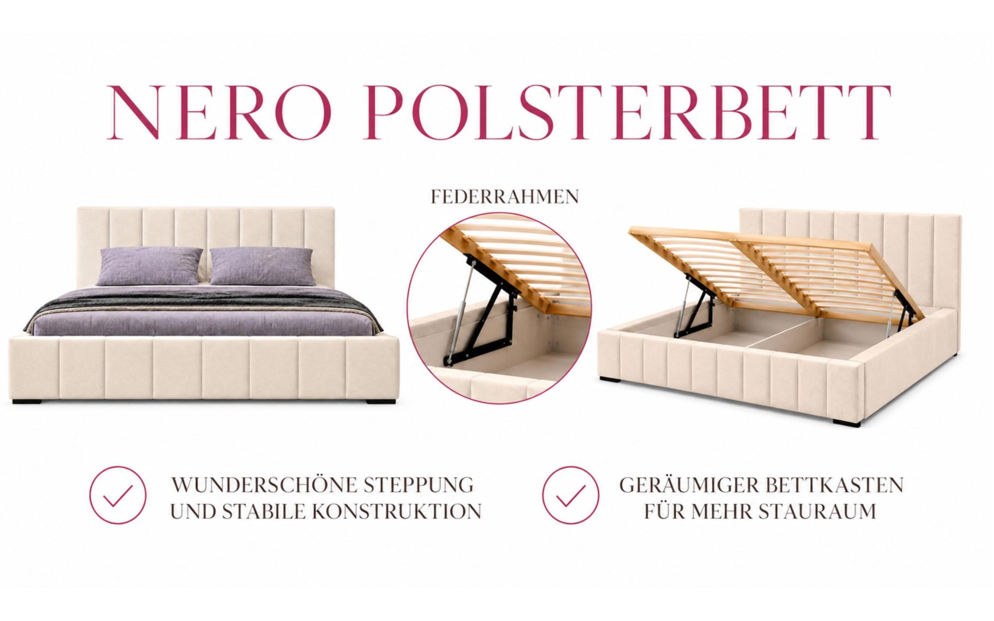 Nero Polsterbett 160x200 cm, Doppelbett mit Bettkasten, Velourstoff Schwarz
