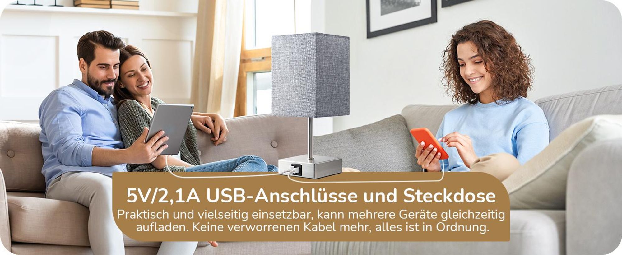 EDISHINE Tischlampe 2er Set Touch Dimmbar, Nachttischlampen mit Ladefunktion, Grau