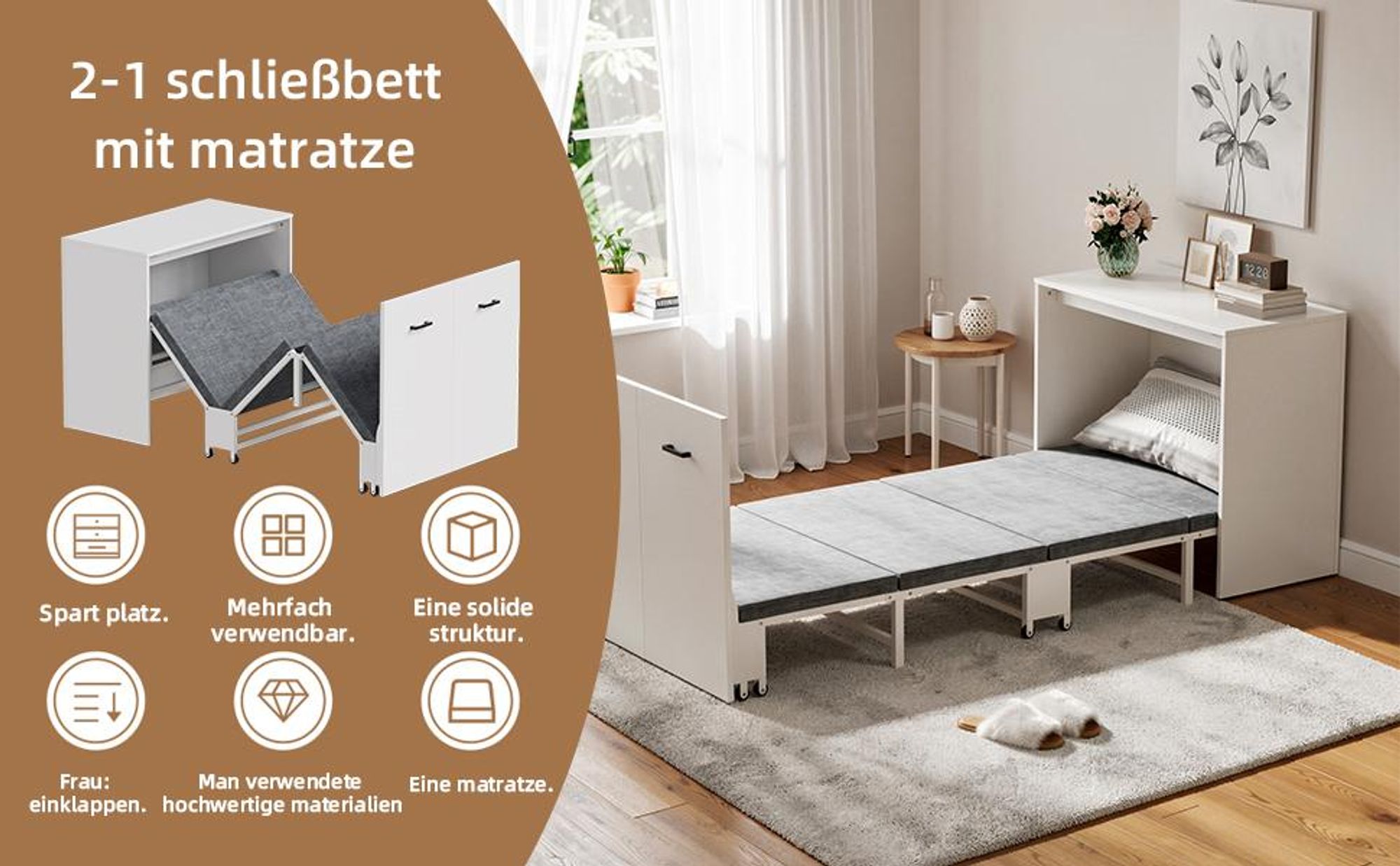 Schrankbett mit Matratze, klappbares Gästebett im Schrank,Platzsparendes Klappbett auf Rollen, 2-in-1 Möbel für Wohnzimmer & Gästezimmer, Weiß