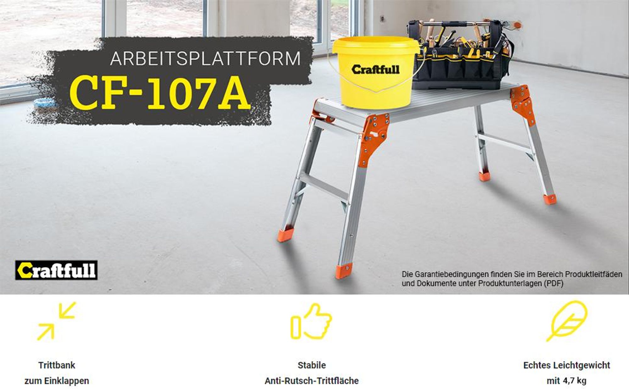 Craftfull Arbeitsplattform CF-107A | Arbeitsbühne - Klappbar - Anti-Rutsch - Aluminium - Mobil - Klappwerkbank - Podest - 150 kg (Silber/Schwarz)