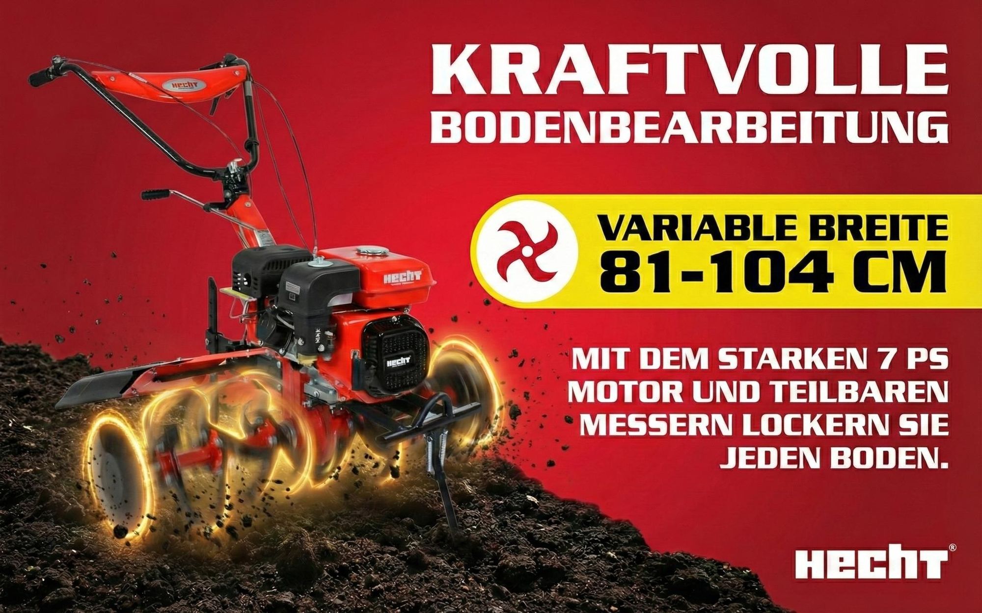 HECHT 7100 Motorhacke Benzin | mit Anhänger | Kupplung | Räder | 104 cm Arbeisbtreite | 7 PS