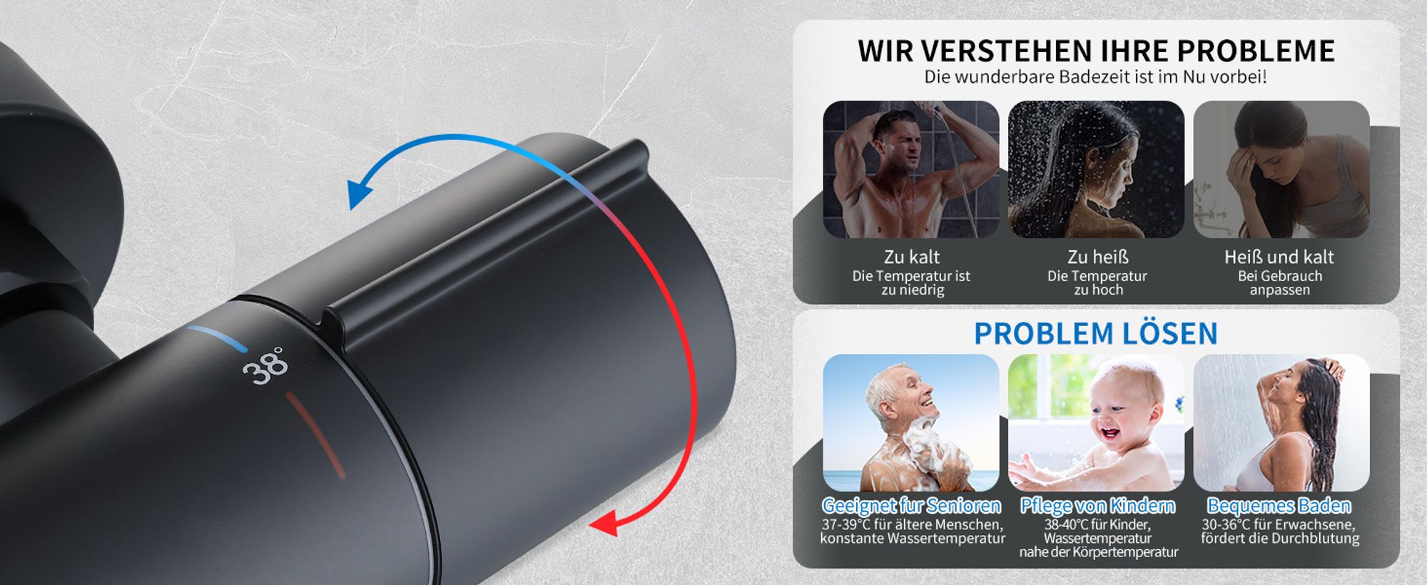 Duscharmatur mit Thermostat,Schwarz Mischbatterie Dusche mit 38°C Sicherheitstaste,Duschthermostat Armatur Edelstahl,Duscharmaturen Brausethermostat